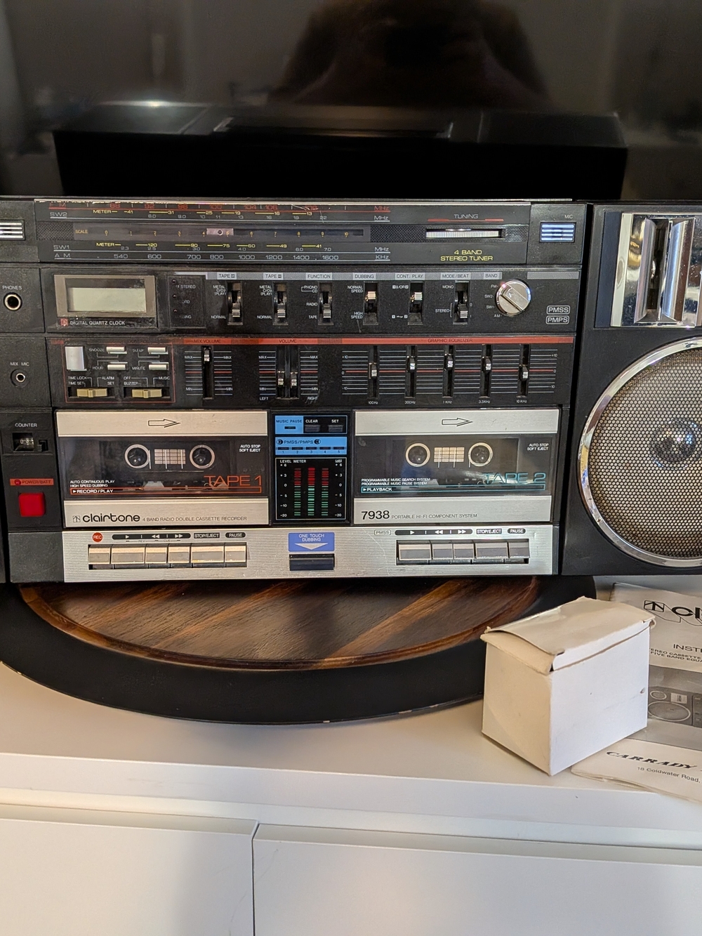 Black/Silver Portable Stereo Boombox with Dual Cassette Decks Clairtone 7938.